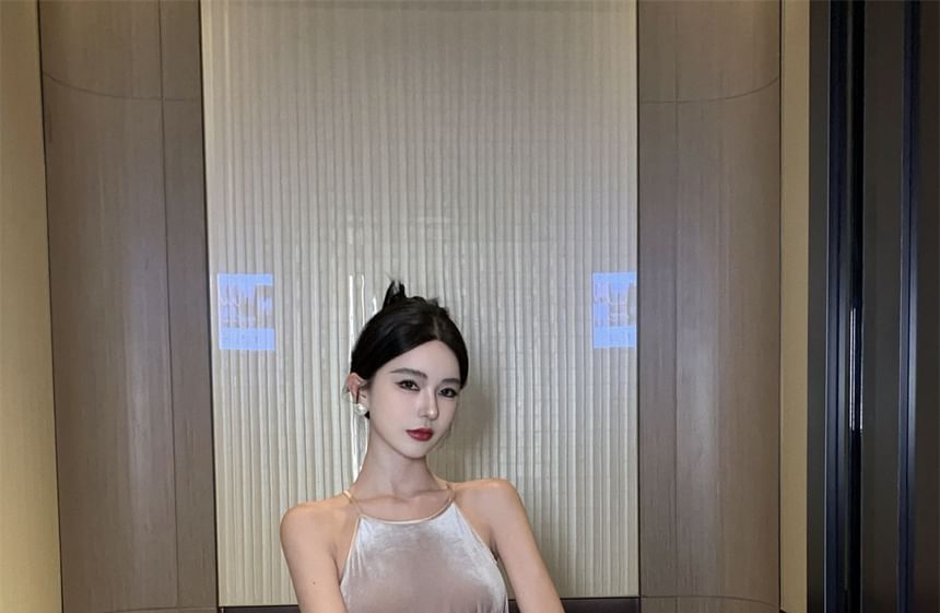 Dress Velvet A-Line Neck Maxi Halter