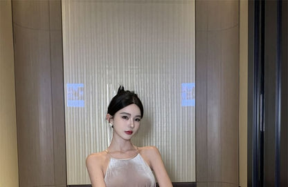 Dress Velvet A-Line Neck Maxi Halter