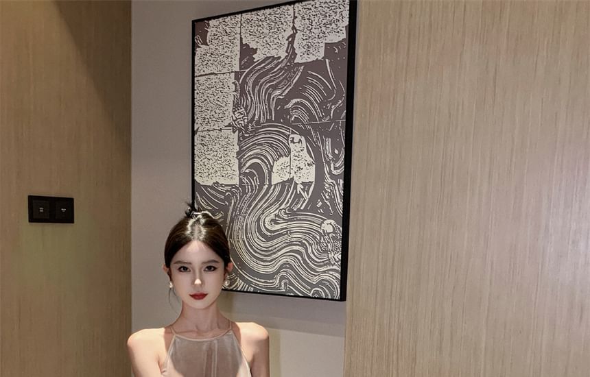 Dress Velvet A-Line Neck Maxi Halter