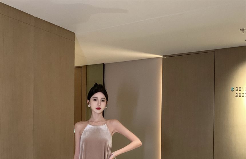 Dress Velvet A-Line Neck Maxi Halter