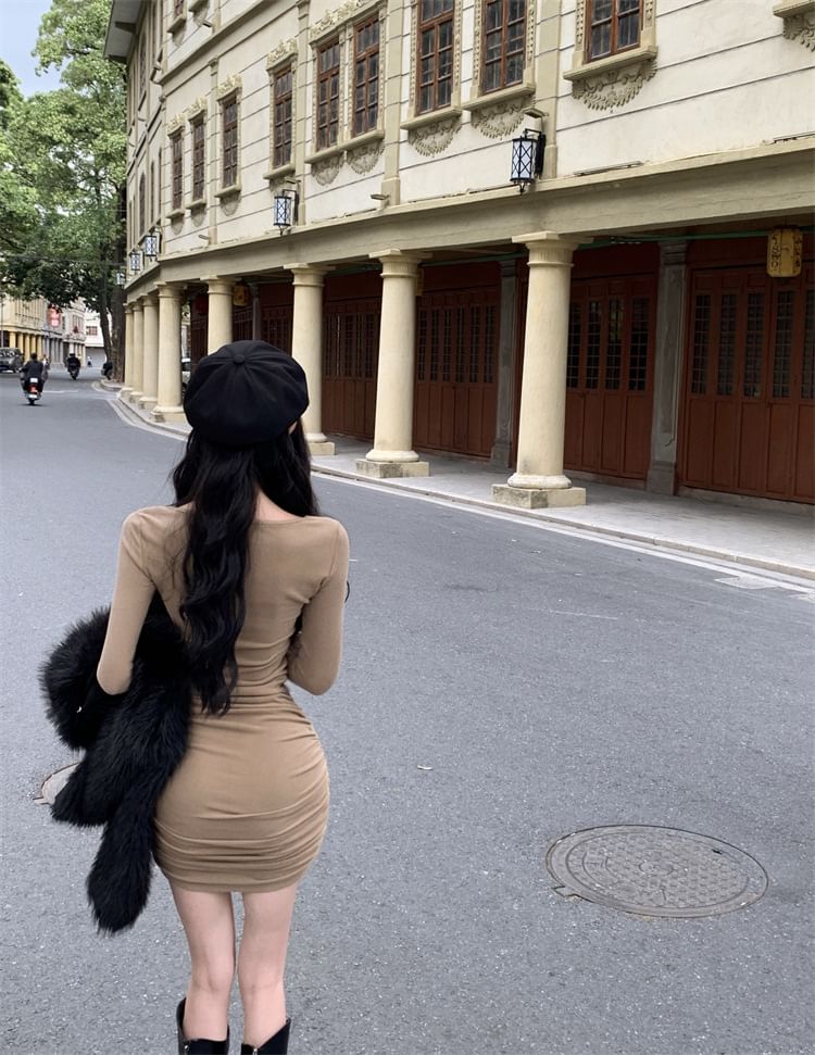 Plain Bodycon Long-Sleeve Dress V-Neck Mini