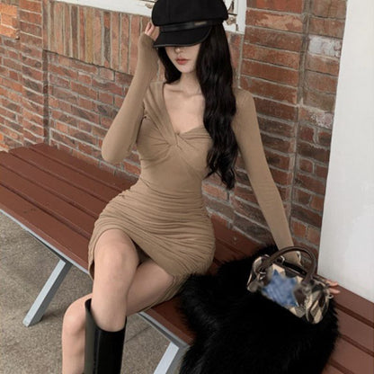 Plain Bodycon Long-Sleeve Dress V-Neck Mini