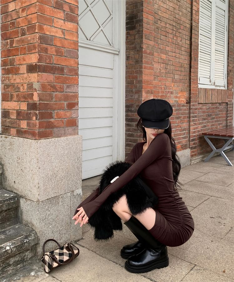 Plain Bodycon Long-Sleeve Dress V-Neck Mini