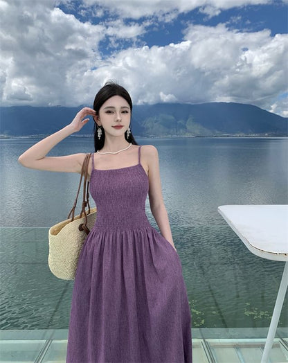 Dress Midi A-Line Spaghetti Strap Plain