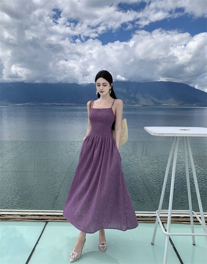 Dress Midi A-Line Spaghetti Strap Plain