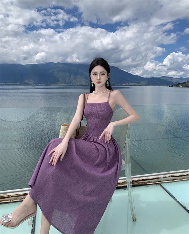 Dress Midi A-Line Spaghetti Strap Plain