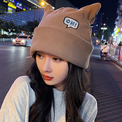Knit Beanie Embroidered Cat Lettering Ear