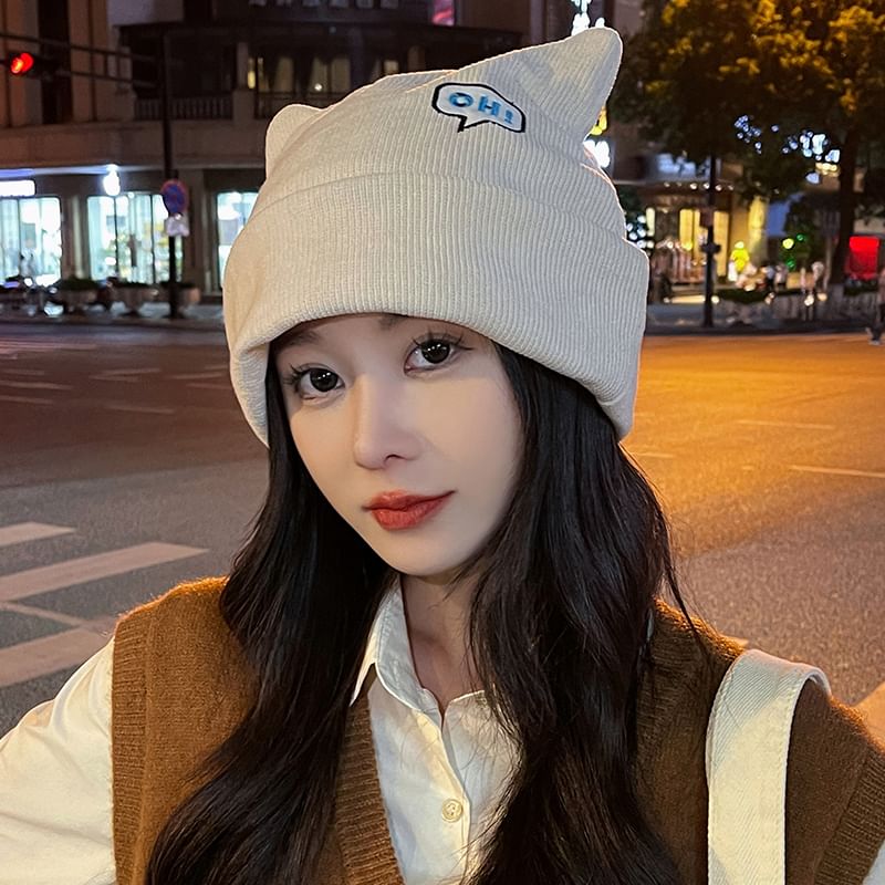 Knit Beanie Embroidered Cat Lettering Ear
