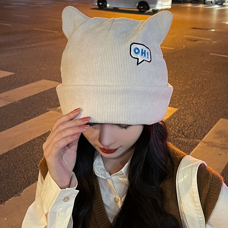 Knit Beanie Embroidered Cat Lettering Ear