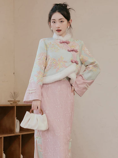 Stand Collar Floral Patterned Fluffy Panel Jacquard Frog Closure Jacket / High Waist Slit Midi A