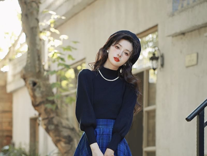 Balloon Sleeve Mock Neck Plain Sweater / High Waist Plaid Midi A