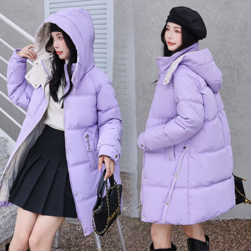 Hooded Two Tone Plain Puffer Coat