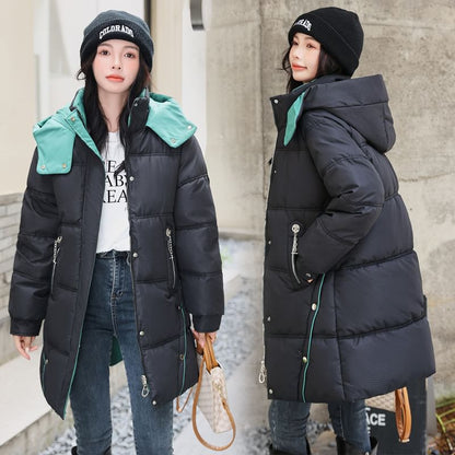 Hooded Two Tone Plain Puffer Coat