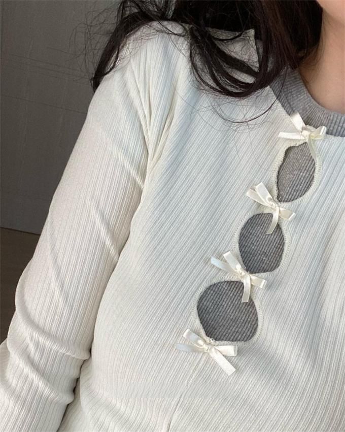 Long-Sleeve Crew Neck Bow Cutout Knit Top