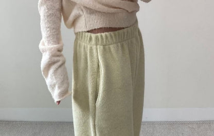 Mid Rise Plain Fleece Wide Leg Sweatpants