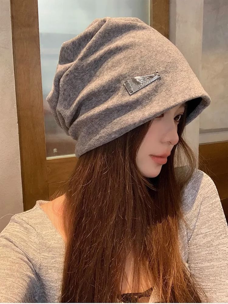 Knit Metal Plate Slouchy Beanie