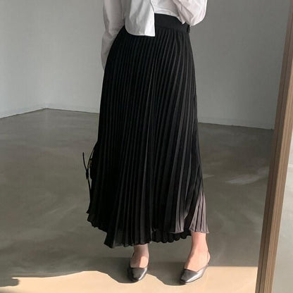 Elastic Waist Plain Accordion Pleated Midi A-Line Skirt