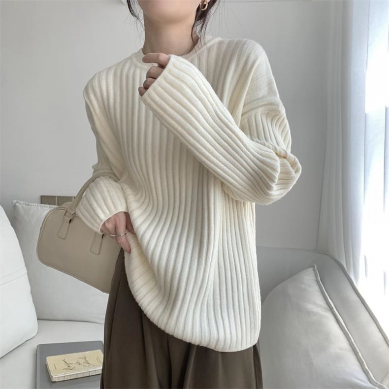 Crew Neck Plain Ribbed Sweater