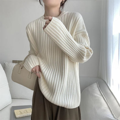 Crew Neck Plain Ribbed Sweater