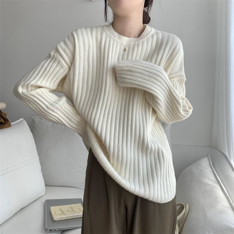 Crew Neck Plain Ribbed Sweater