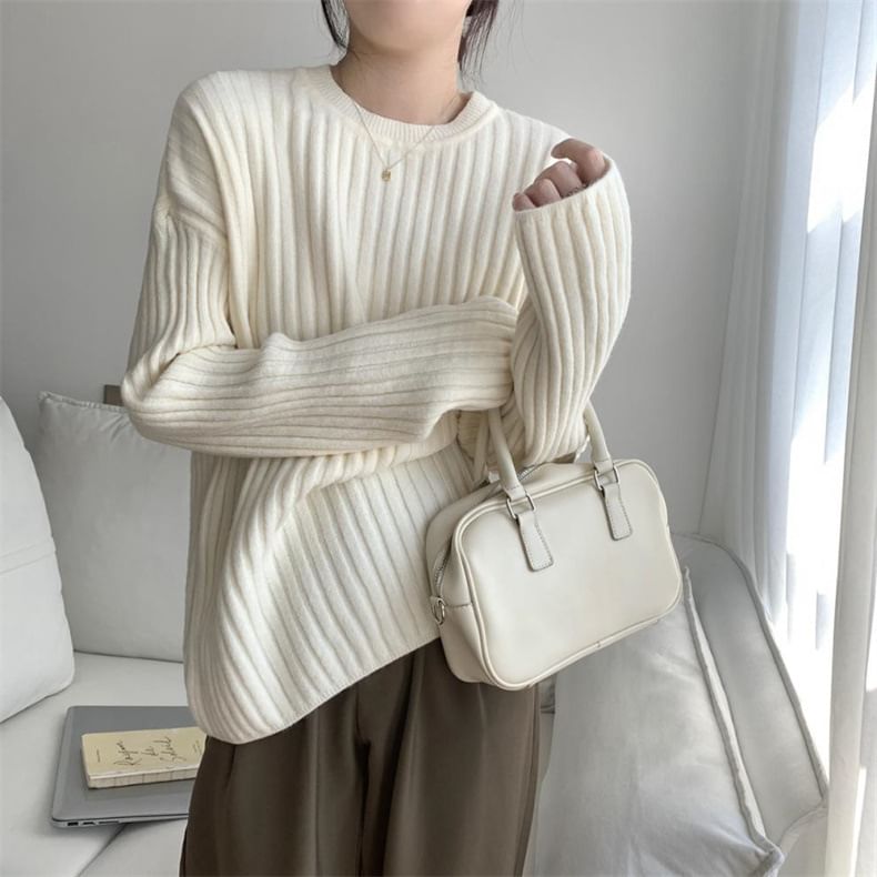 Crew Neck Plain Ribbed Sweater