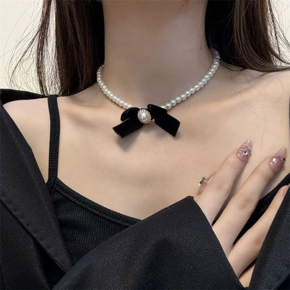 Pearl Necklace Velvet Faux Bow