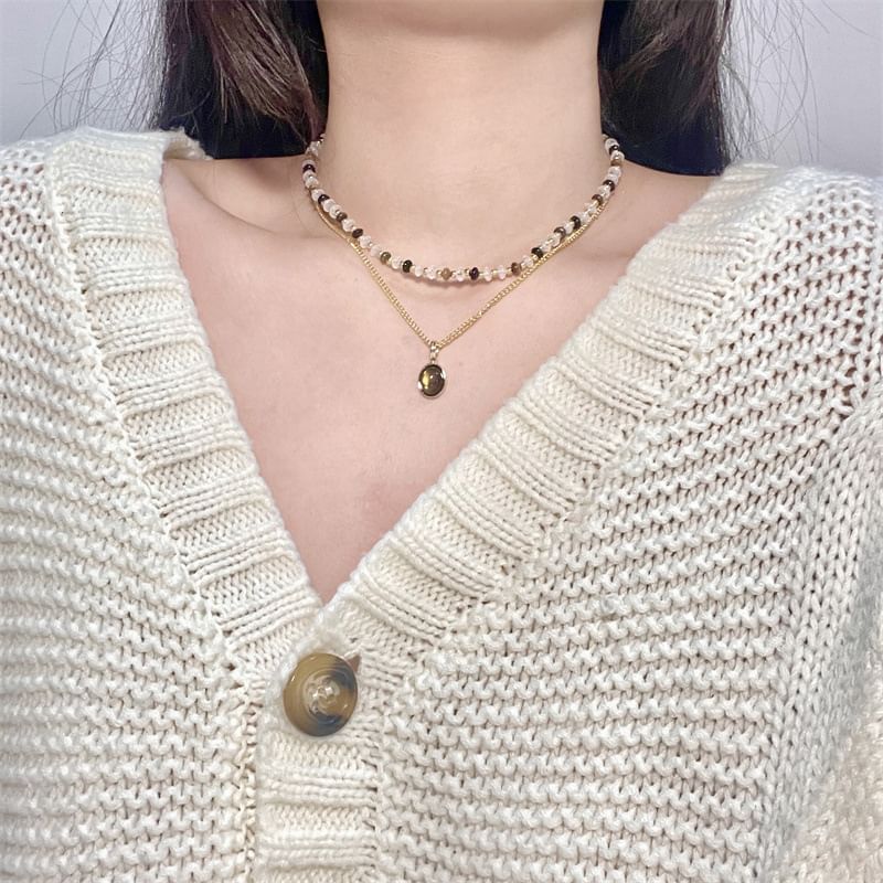Layered Pendant Gemstone Beaded Necklace