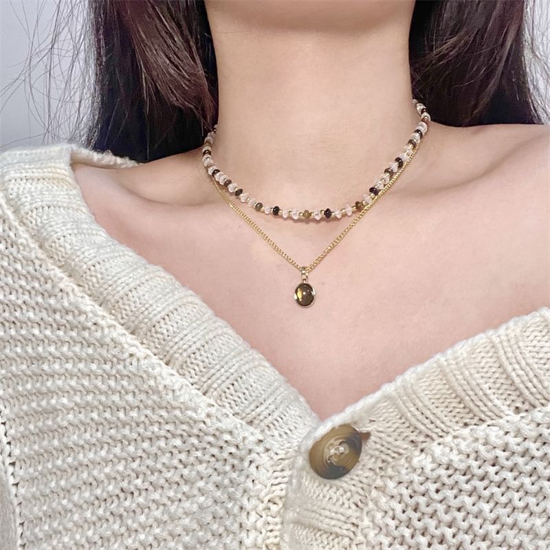 Layered Pendant Gemstone Beaded Necklace