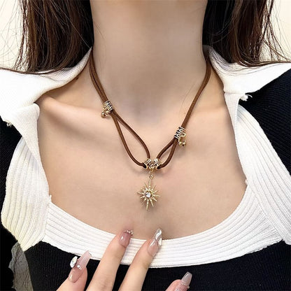 Rhinestone Leather Pendant Faux Sun Necklace