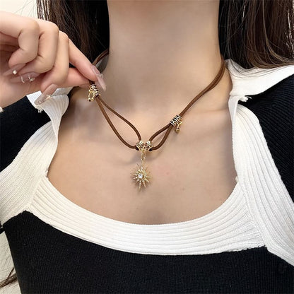Rhinestone Leather Pendant Faux Sun Necklace