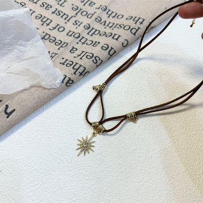 Rhinestone Leather Pendant Faux Sun Necklace