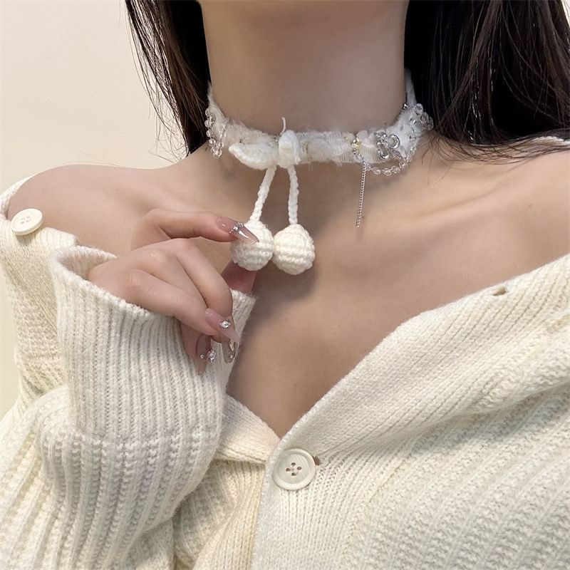 Cherry Bead Fringed Choker Fabric