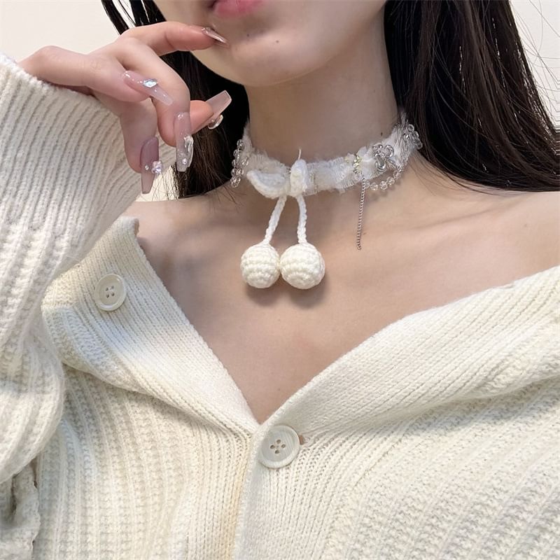 Cherry Bead Fringed Choker Fabric