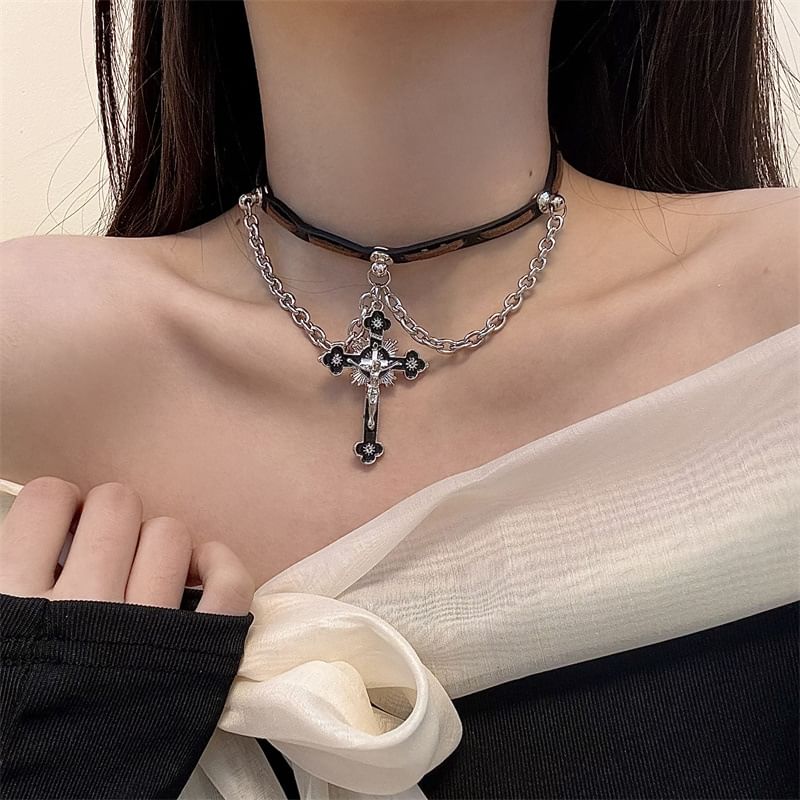 Choker Layered Leather Chained Faux