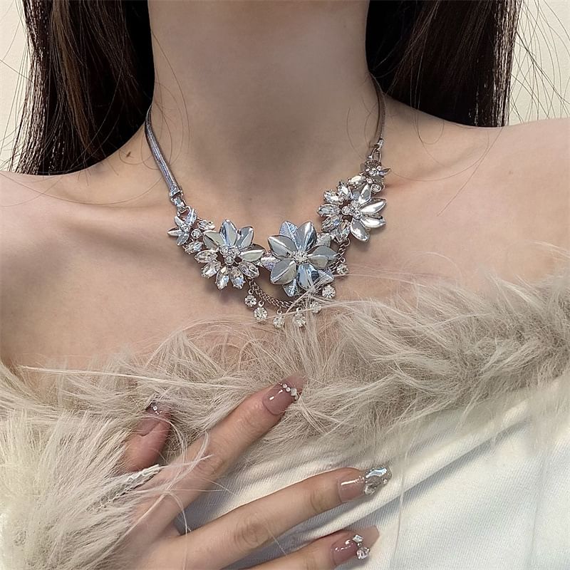 Fringed Floral Necklace Rhinestone
