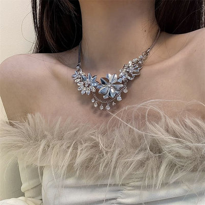 Fringed Floral Necklace Rhinestone