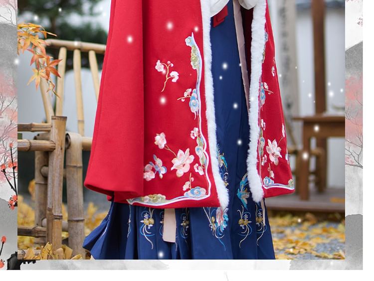 Stand Collar Floral Embroidered Fluffy Trim Tie Front Hanfu Cape