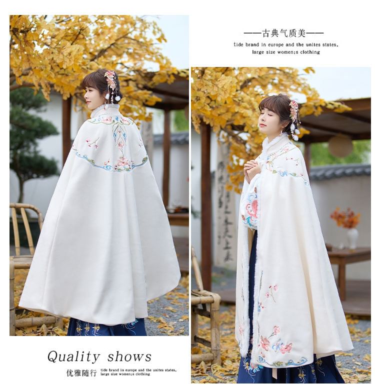 Stand Collar Floral Embroidered Fluffy Trim Tie Front Hanfu Cape