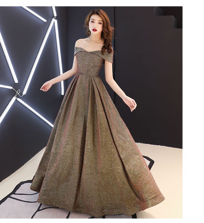 Off Shoulder Plain A-Line Evening Gown