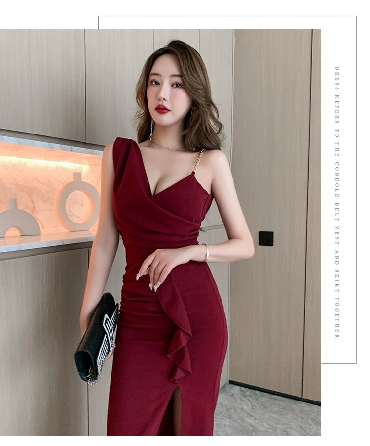 Spaghetti Strap V-Neck Plain Slit Maxi Sheath Dress