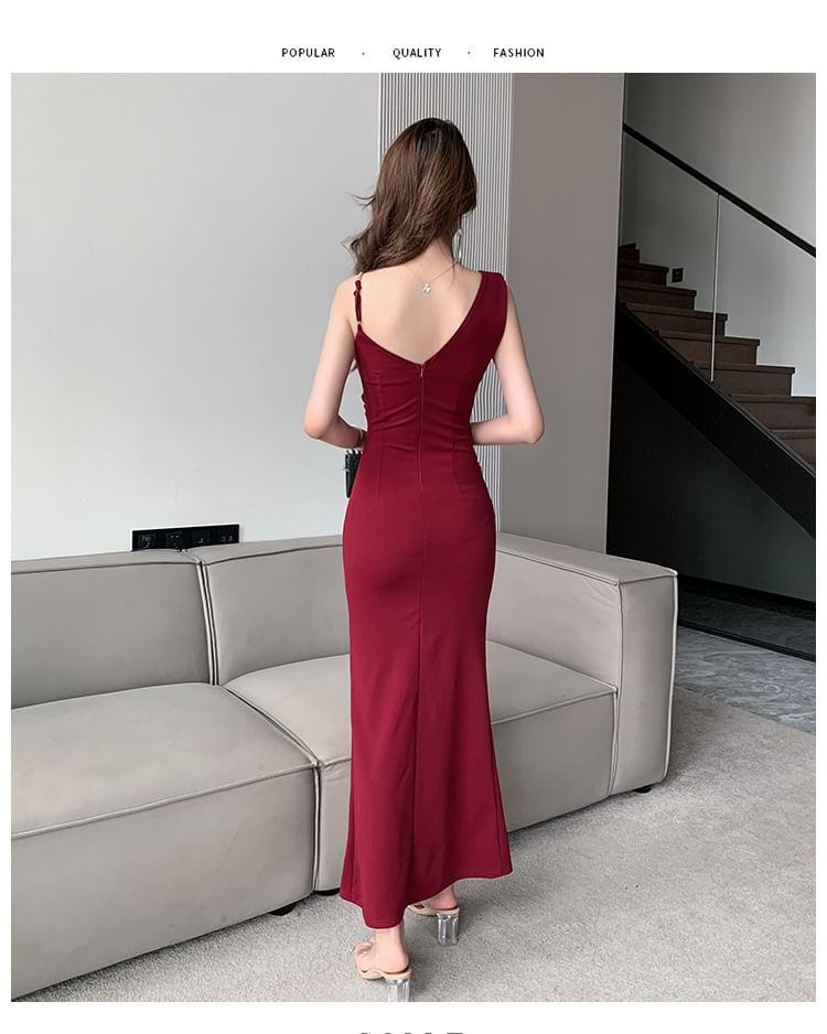 Spaghetti Strap V-Neck Plain Slit Maxi Sheath Dress