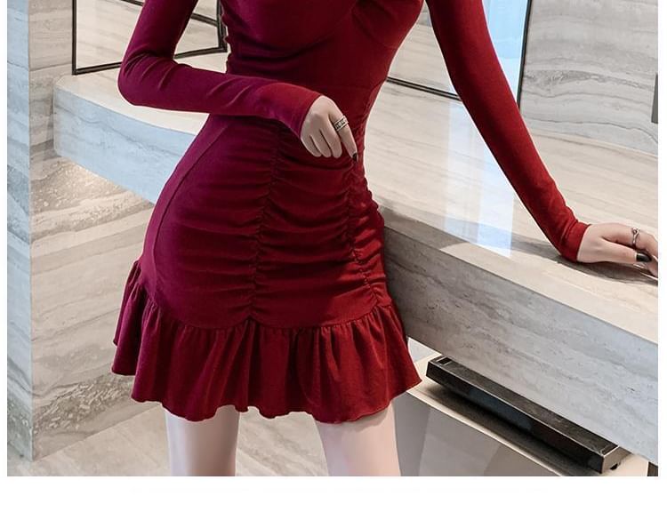 Long-Sleeve V-Neck Plain Mini Bodycon Dress