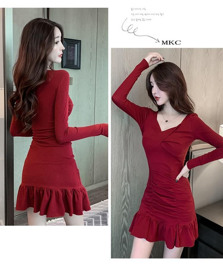 Long-Sleeve V-Neck Plain Mini Bodycon Dress