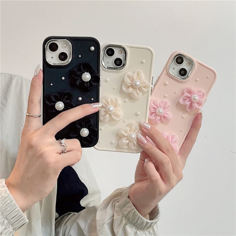 Faux Case Floral Phone Pearl Lace
