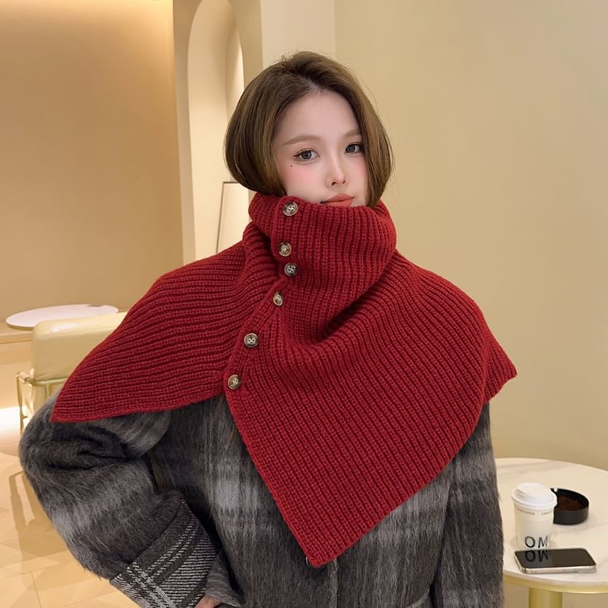 Turtleneck Plain Buttoned Knit Shawl