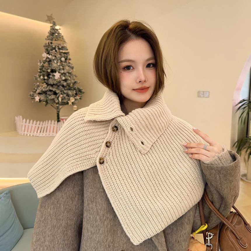 Turtleneck Plain Buttoned Knit Shawl