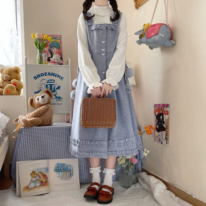 Long-Sleeve Mock Neck Plain Ruffle Top / Square Neck Plain Ruffle Heart Button Midi A-Line Overall Dress