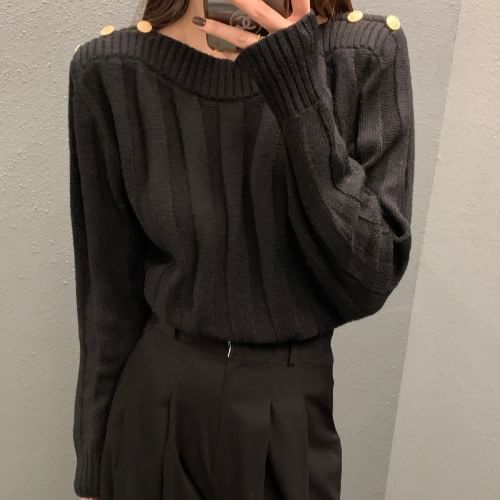 Long-Sleeve Crewneck Plain Knit Top