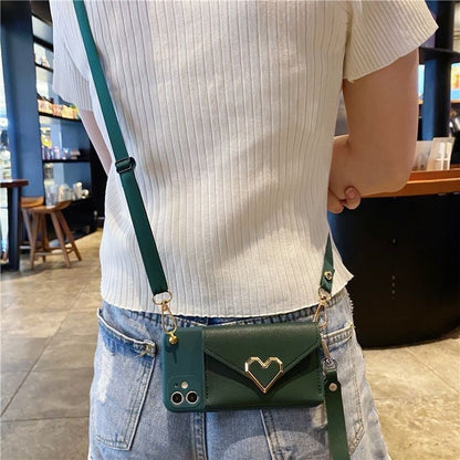 Heart Applique Phone Case With Card Holder And Crossbody Strap For iPhone 11, 11 Pro, 11 Pro Max, 12/12 Pro, 12 Pro Max, 13, 13 Pro, 13 Pro Max, 14, 14 Plus, 14 Pro, 14 Pro Max, 15, 15 Pro, 15 Pro Max
