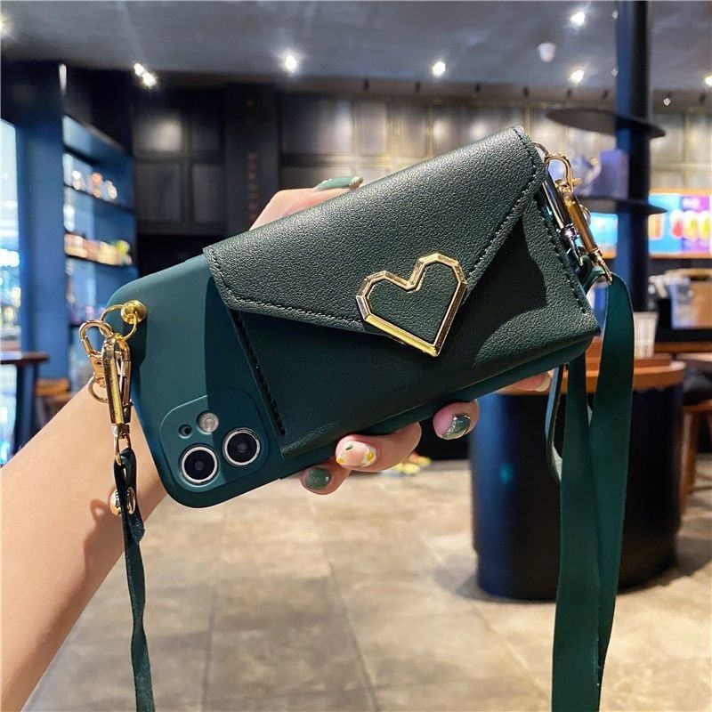 Heart Applique Phone Case With Card Holder And Crossbody Strap For iPhone 11, 11 Pro, 11 Pro Max, 12/12 Pro, 12 Pro Max, 13, 13 Pro, 13 Pro Max, 14, 14 Plus, 14 Pro, 14 Pro Max, 15, 15 Pro, 15 Pro Max